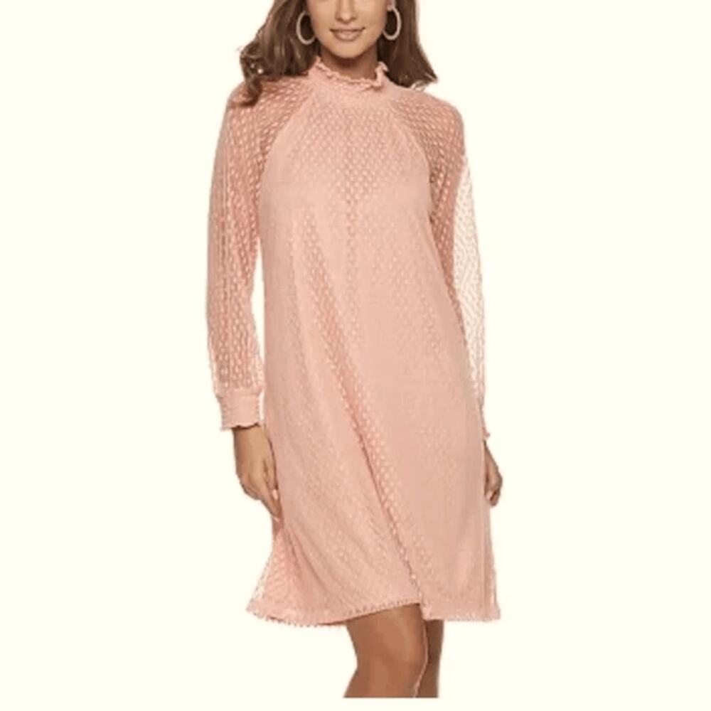 Nina Leonard Lace Mockneck Trapeze Long Sleeve Dress in Blush Size Small - Picture 1 of 16
